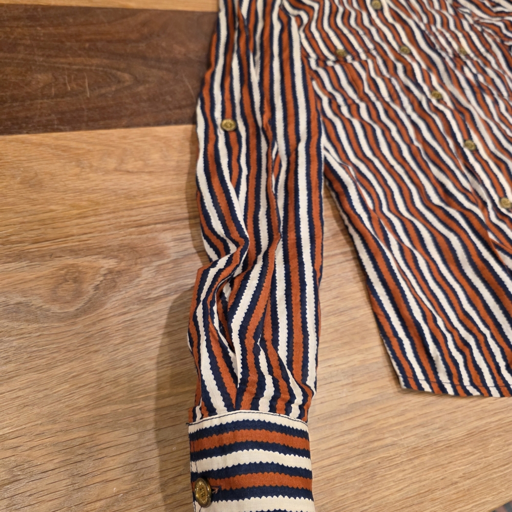 Tory Burch Button Down Dress Shirt Long Sleeve Stripe Blue Cream Orange Size 6 - Picture 5 of 11